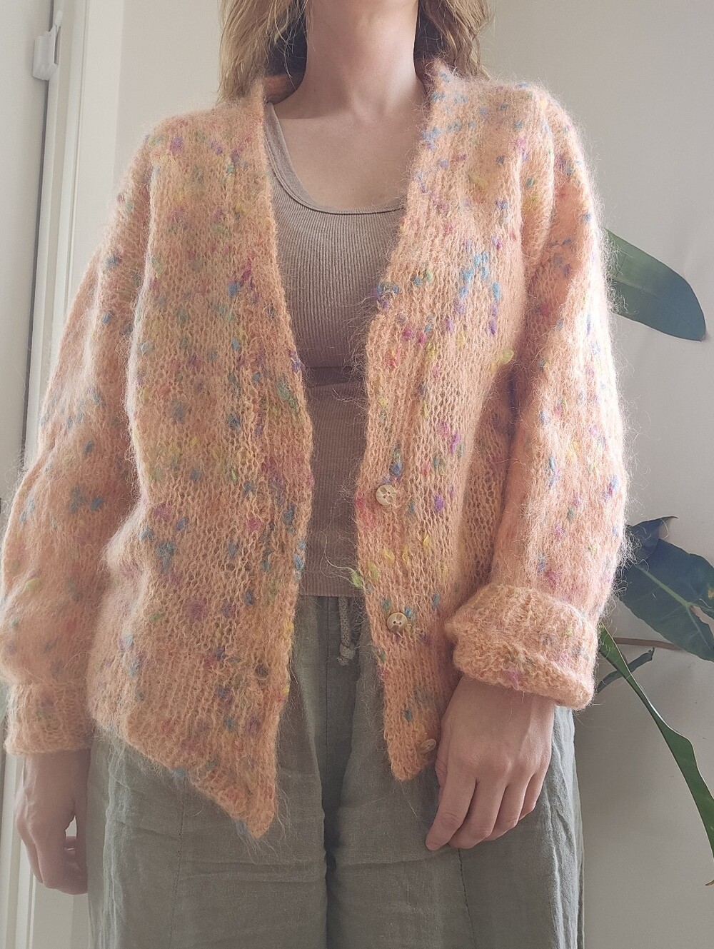 Handmade Fuzzy Mohair Blend Confetti Cardigan – Slouchy Pastel Peach Knit, M/Lrg